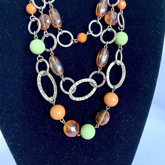 Bohemian Triple-Strand Necklace Green Orange Bronze Adjustable Length 18”-21” - Picture 2 of 6